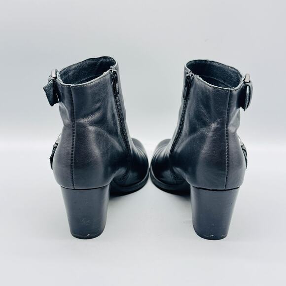 Born Boots Women 7.5 Black Leather Ankle Bootie Buckle Strap Side Zip Block Heel - Picture 7 of 12